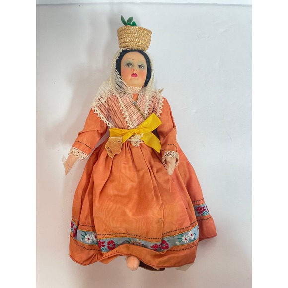Unbranded Other - Vintage Sicilia Italian‎ Souvenir Doll Orange Lace Dress Straw Basket Sicily 10"
